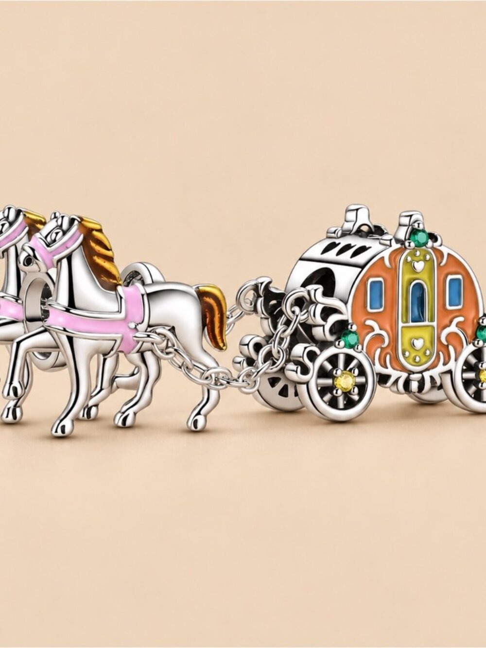 Sterling Silver Horse & Carriage Charm Bracelet Bead in Pink and Orange